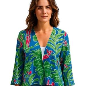 TABI FLORAL TROPICAL BLUE GREEN PINK STRETCHY BOHO BELL SLEEVE OPEN CROP CARDY L